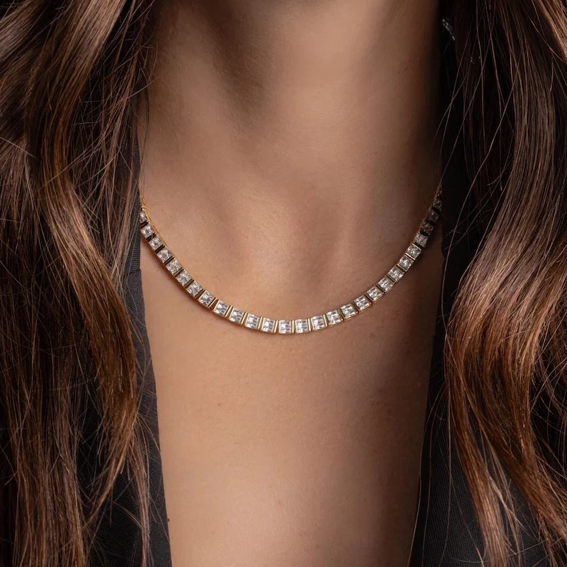 15TCW Baguette Cut Lab Created Diamond Tennis Necklace 14k Yellow Gold Plated