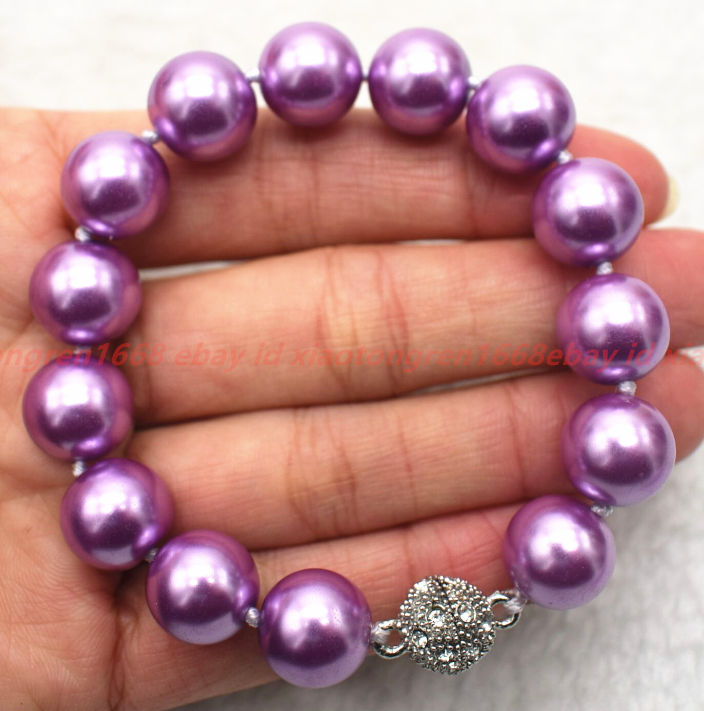 Huge Pretty Fashion 12mm Purple Shell Pearl Gemstone Round Beads Bracelet 7-9in