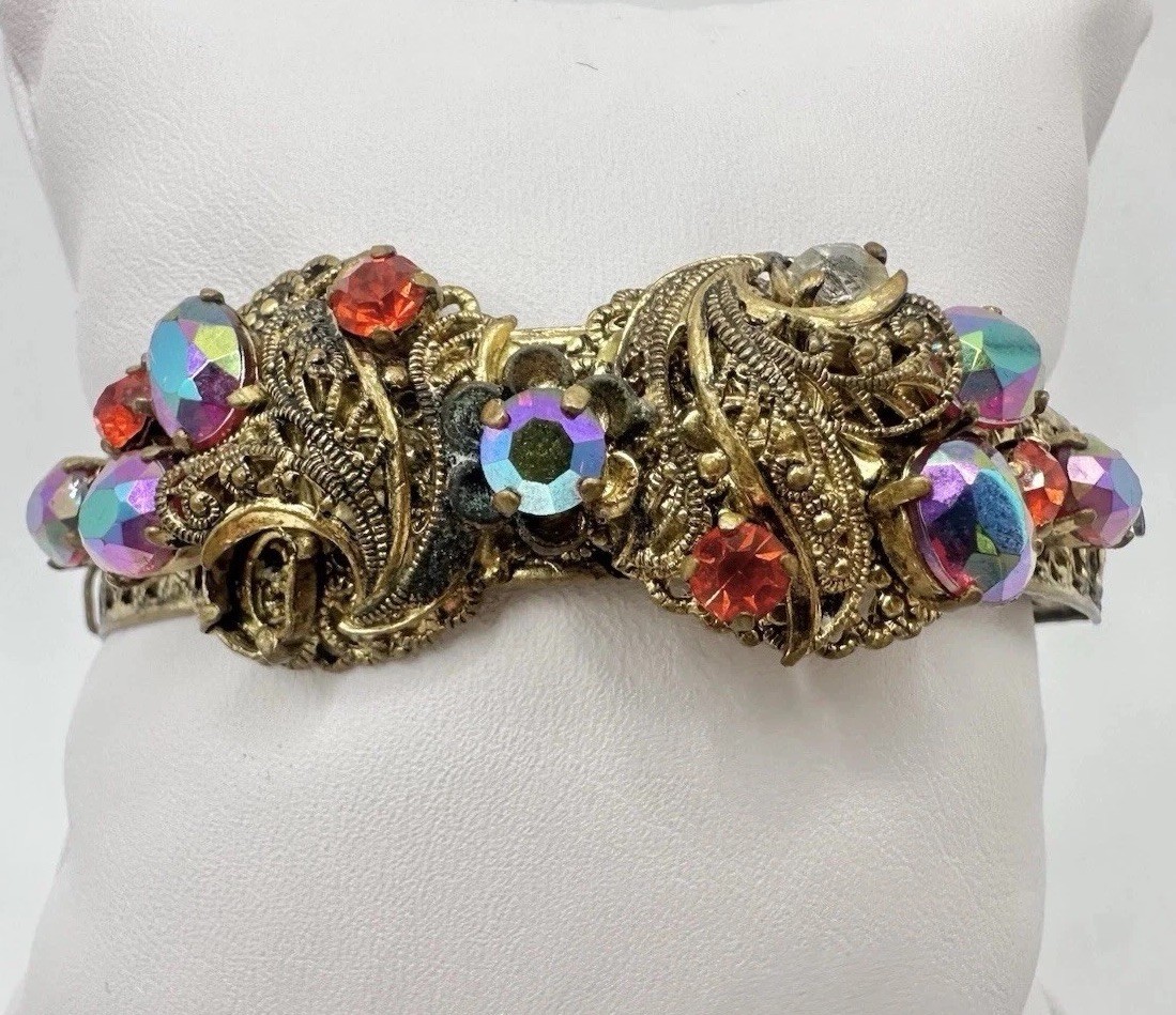 Antique Victorian AB Austria? Red Rhinestone Hinge Bracelet Vines Unsigned Read