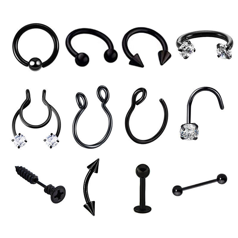 24PCS Nose Hoop Rings L Shaped Pin Studs Lip Surgical Steel Jewelry Piercing Set