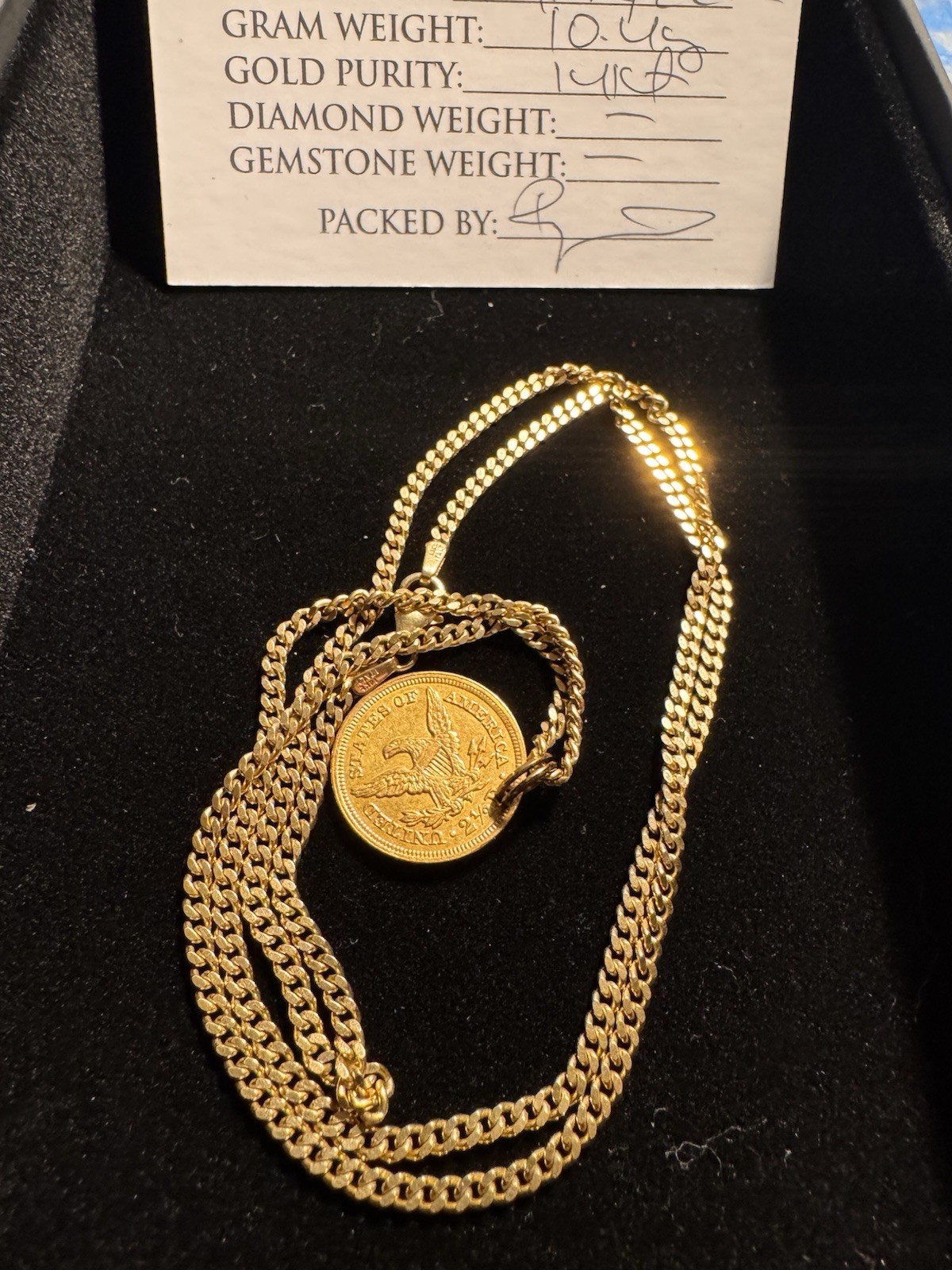 22 Inch 14kt Jacoje Baby Curb 2.4mm Gold Chain With 1852 $2.50 Gold Coin