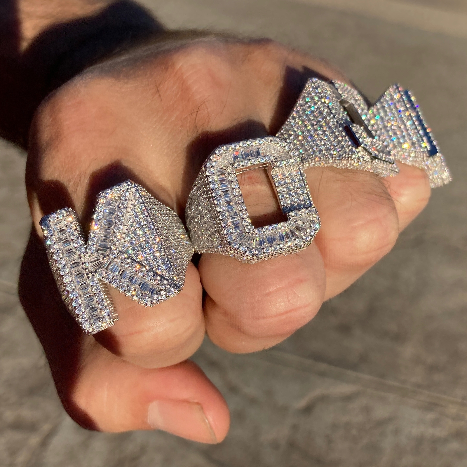 925 Sterling Silver Initial Block Letters Iced Baguette Flooded Out CZ Ring A-Z