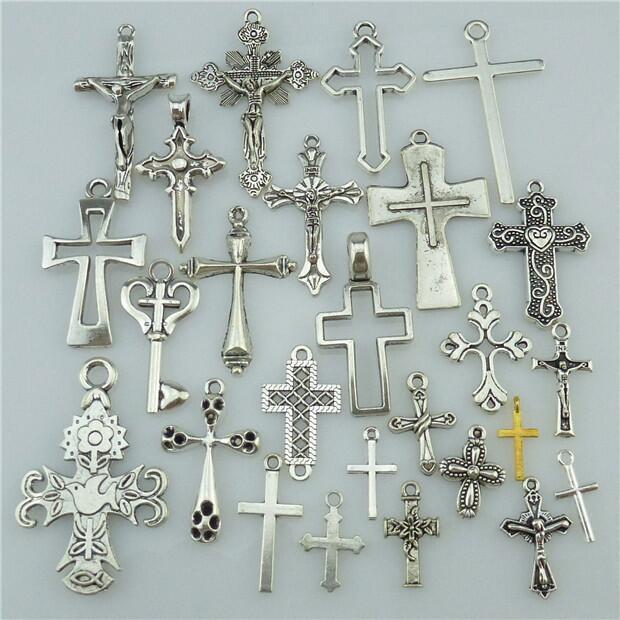 25* MIX Cross Pendant Vintage Antique Silver Tone Alloy Faith Religious Charm E