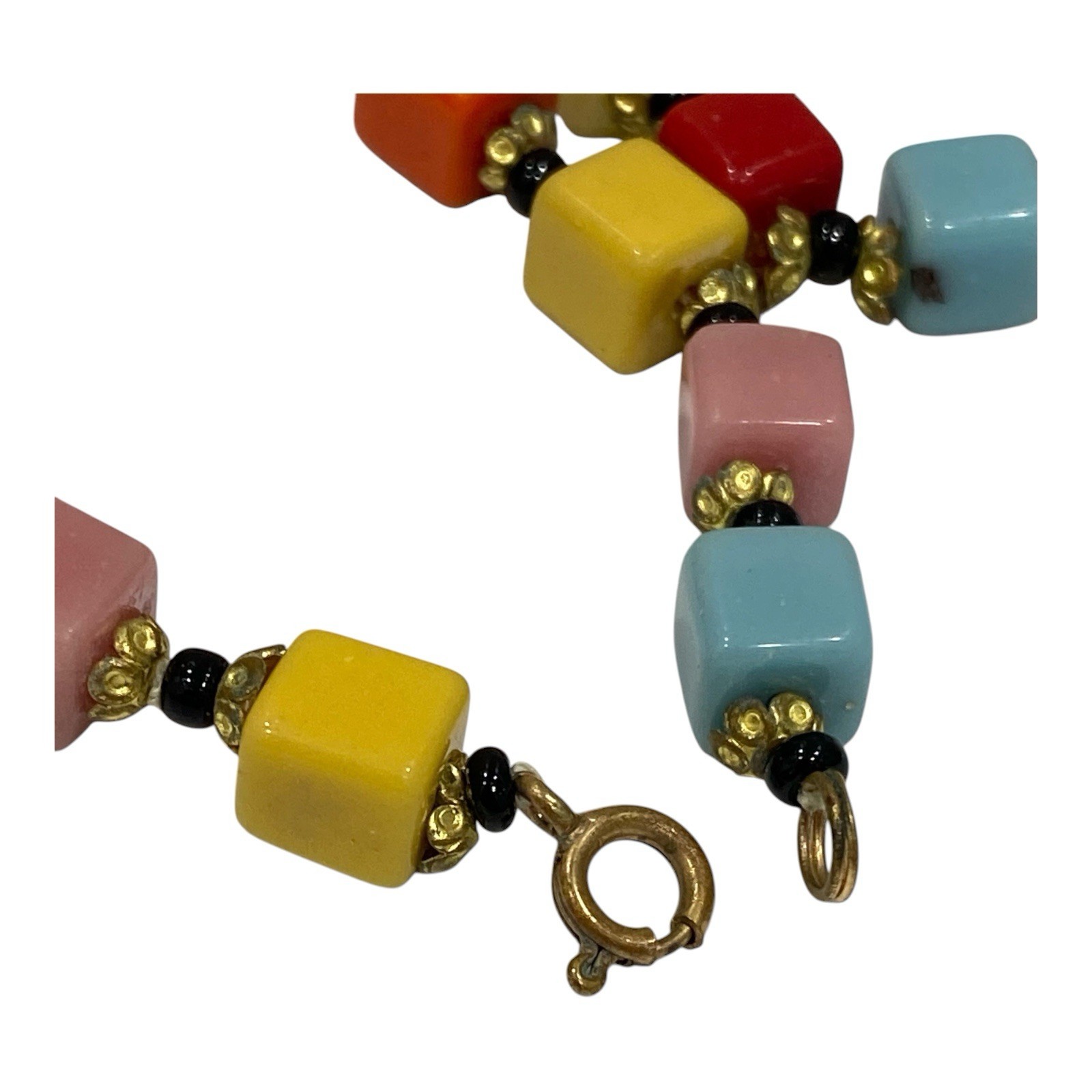 Vtg 1930s Czech Harlequin Glass Cube Bead Flapper Rope Necklace Art Deco 49″