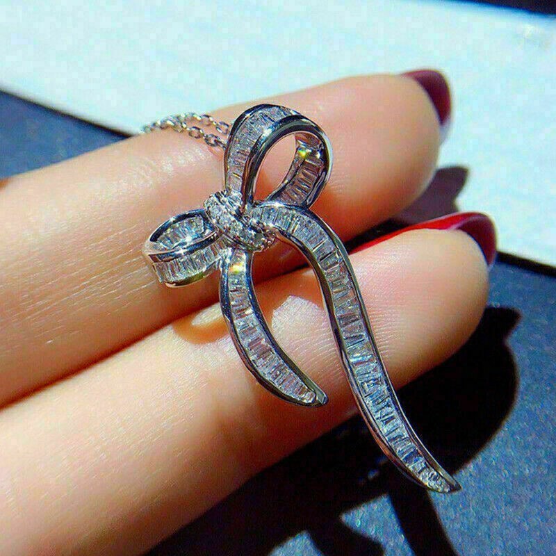 Stylish 2Ct Baguette Cut Diamond Bow Knot Pendant 14K White Gold Over Free Chain