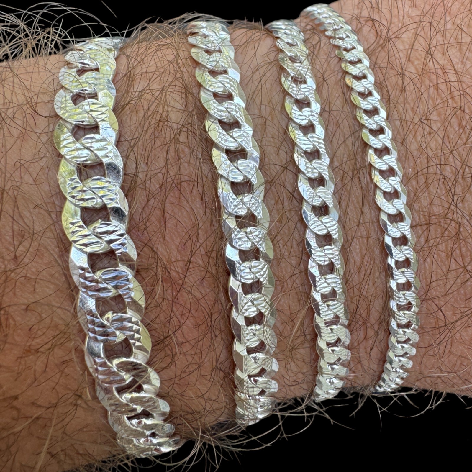 Real Solid 925 Silver Flat Diamond Cut Curb Cuban Link Bracelet 4-8mm