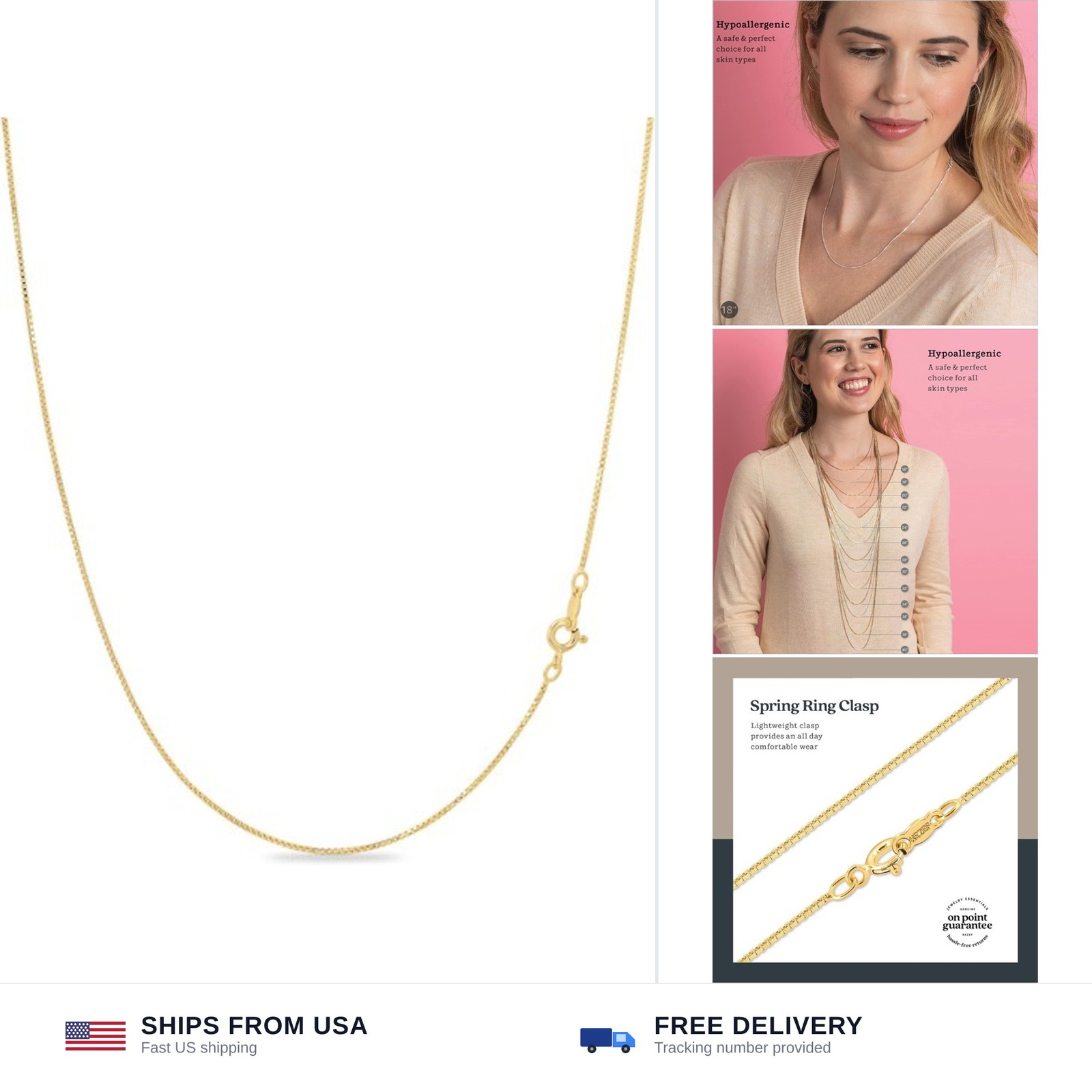 KEZEF 18K Gold Plated 925 Sterling Silver Box Chain Necklace for Women, 1mm T…