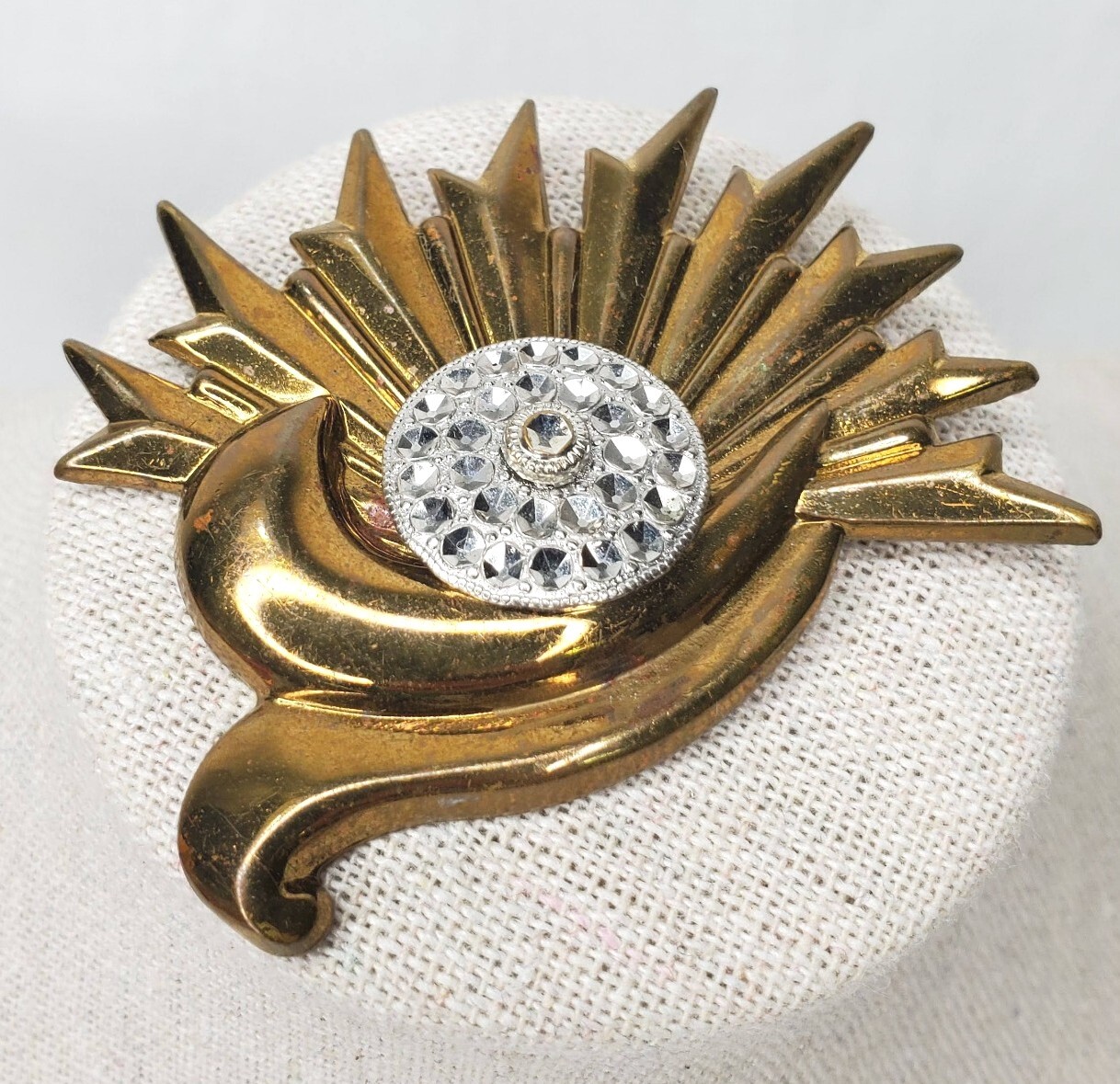 Vintage Modernist Brass Sun Rays Brooch Silver Tone Accents Abstract Pin