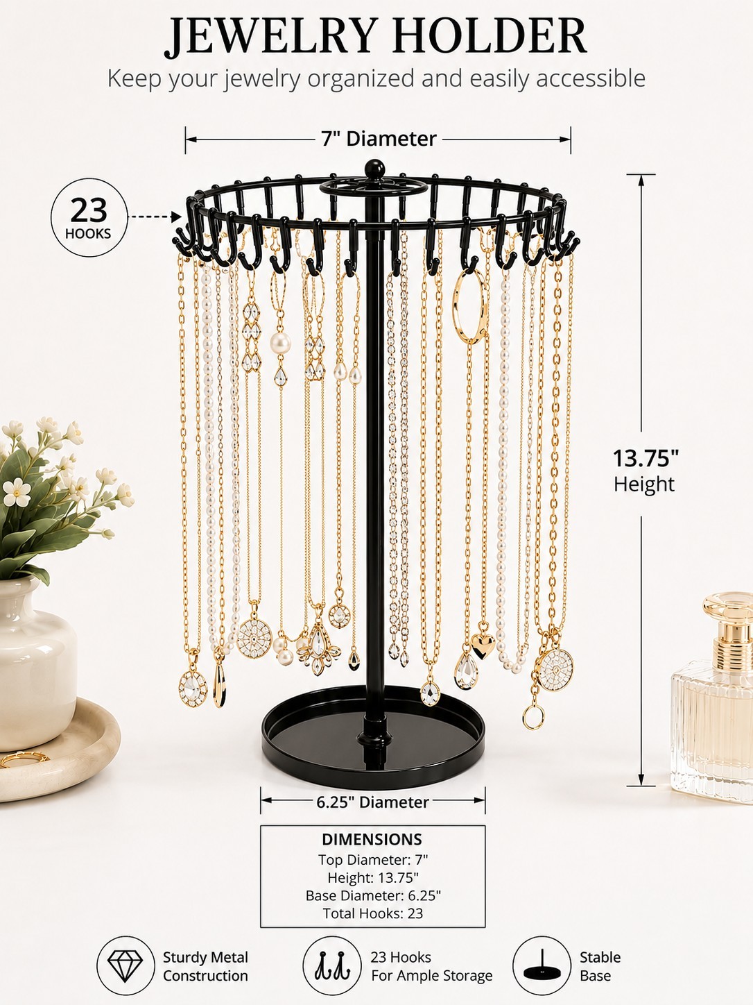 Metal Jewelry Holder Stand 23 Hooks Rotating Necklace Earring Organizer