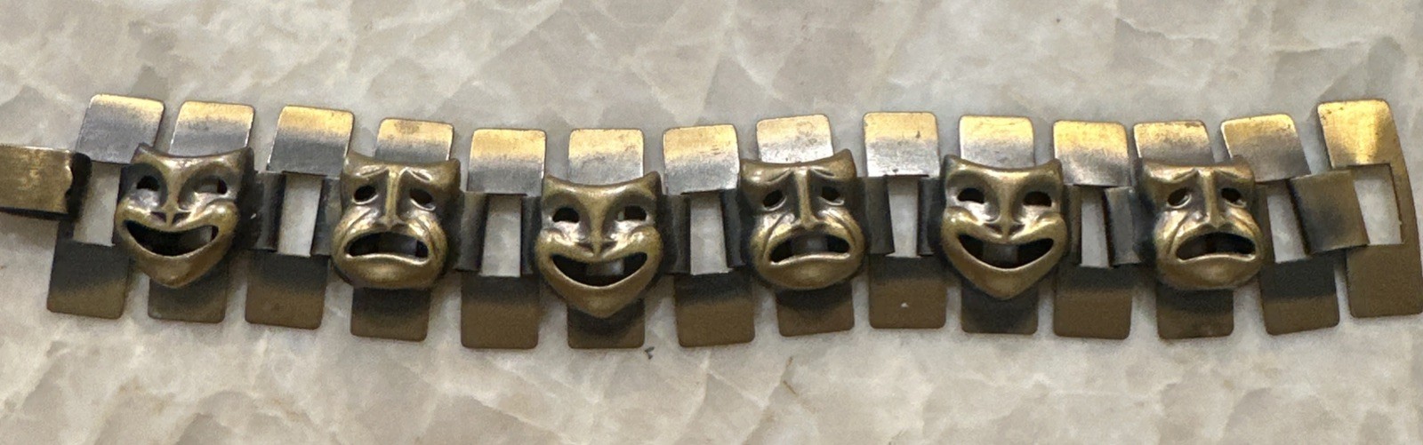 Vintage Brass Tone Comedy Tragedy Theater Mask Panel Bracelet MCM Unsigned