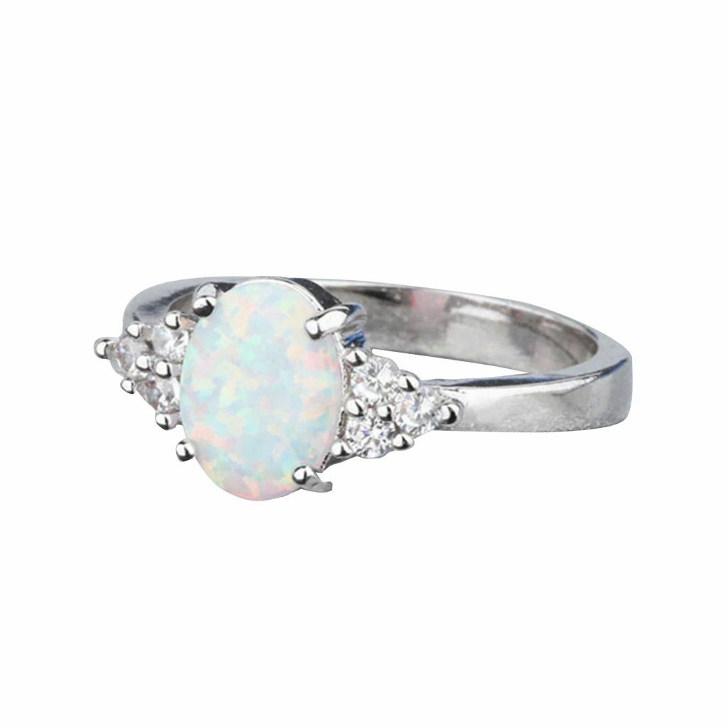 Womens Fire Opal Silver 925 Sterling White Gold Gemstone Jewelry Ring Size 6-10