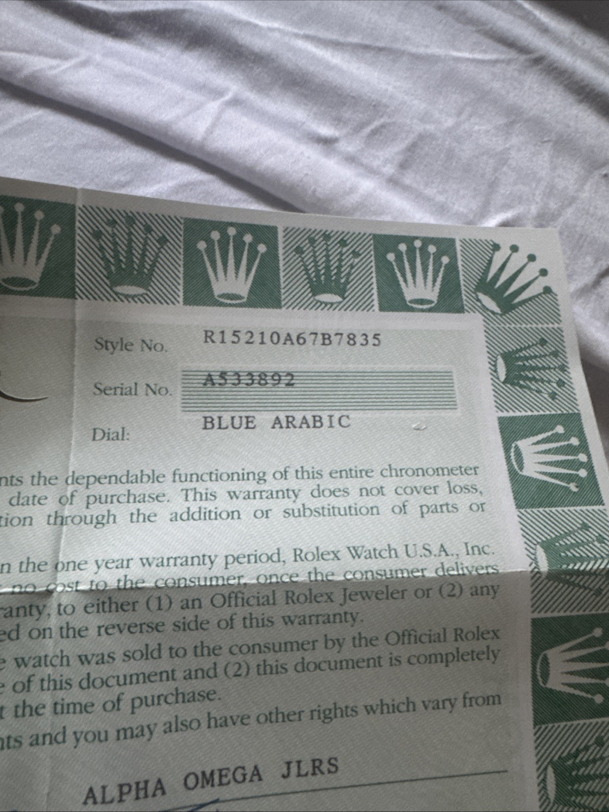 Original Rolex One Year Warranty R15210 From May, 2000