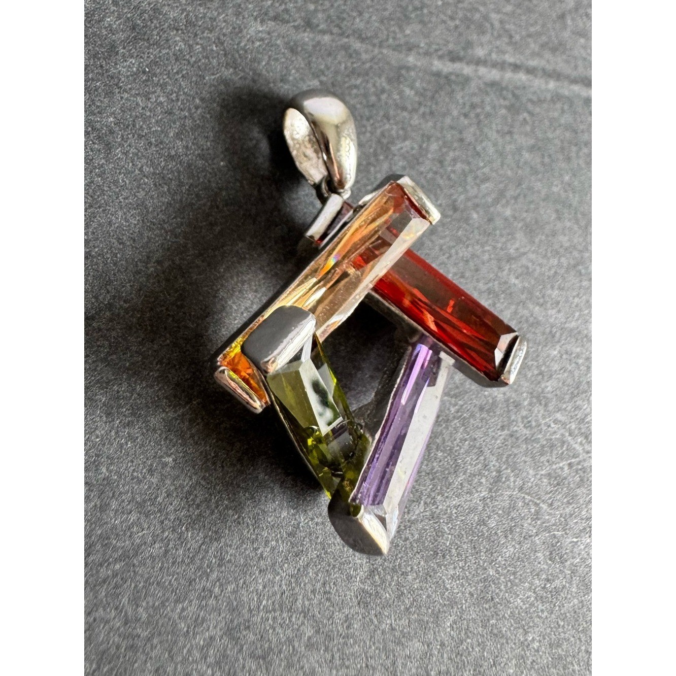 Vintage Sterling Silver Crystal 3D Pendant Colorful Geometric Necklace