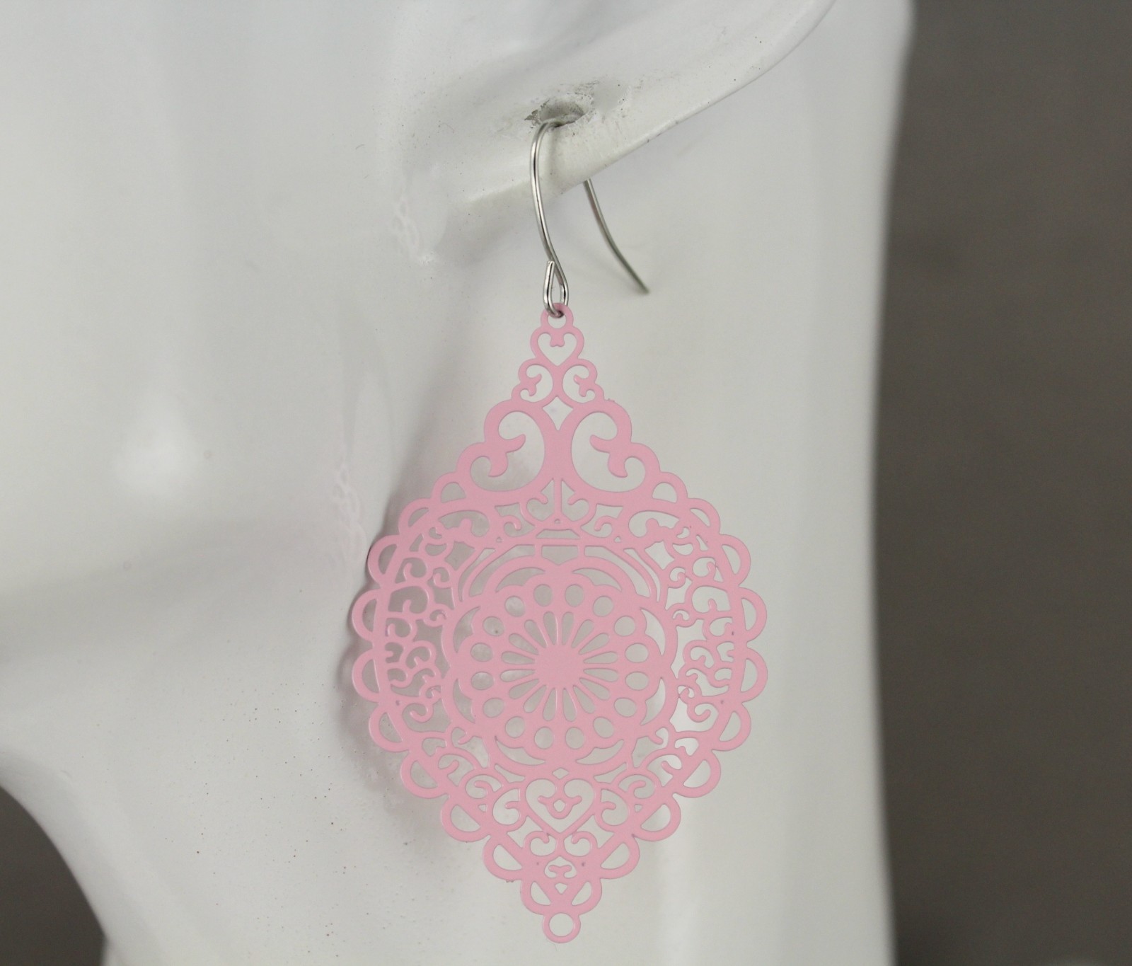 light Pink earrings teardrop dangle VERY lightweight filigree 2 3/8″ long floral