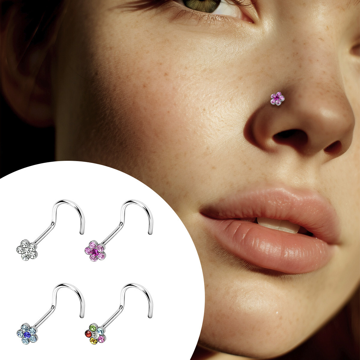 Surgical Steel 20G 18G Nose Screw Stud Ring Flower CZ Nostril Piercing Jewelry