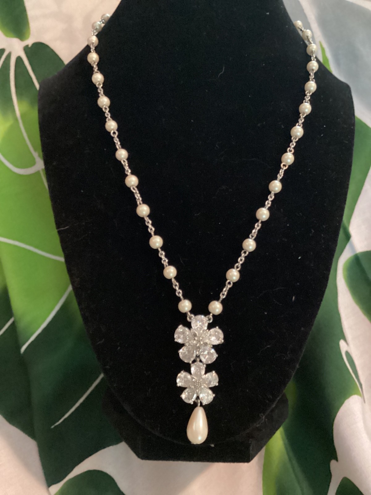 Carolee Bridal Faux Pearl Silver Tone Chain Rhinestone Pendant Drop Necklace