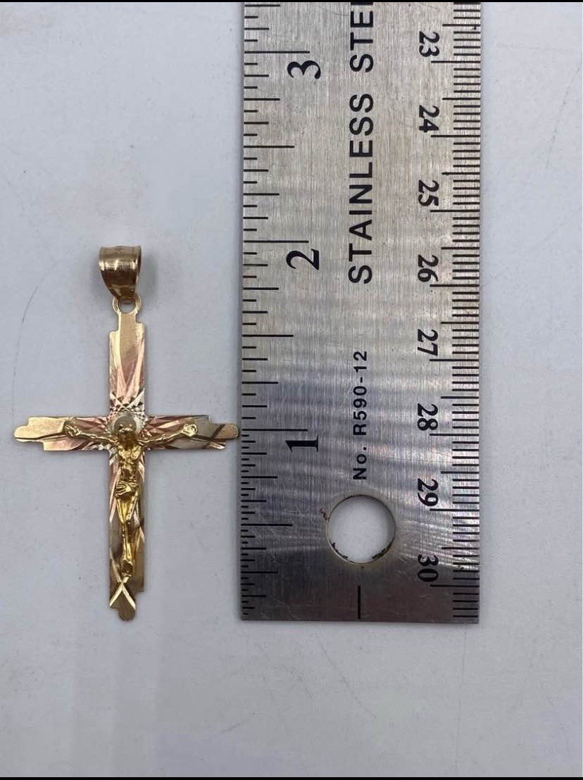 14k Solid Yellow, Rose & White Gold tri-color Crucifix Pendent 2.92g