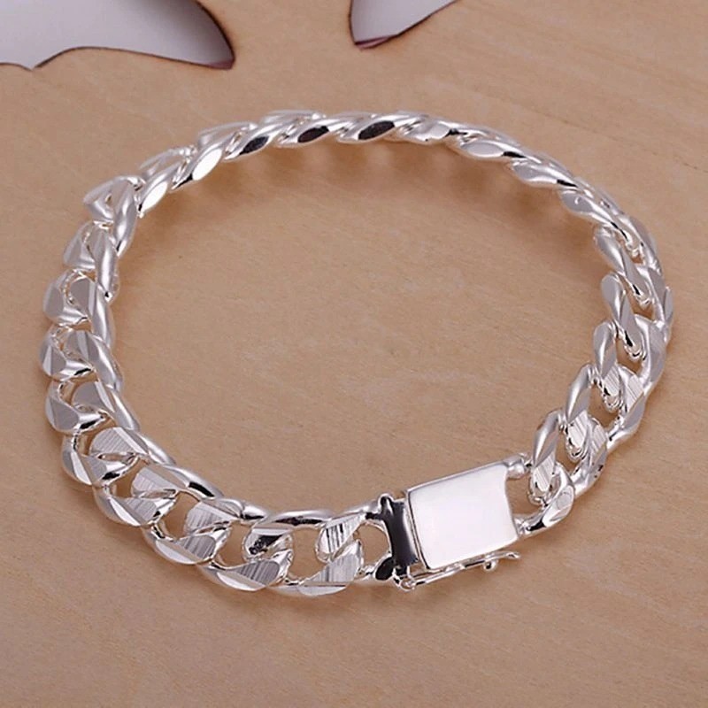 925 Sterling Silver Color Bracelet for Men Jewelry Heavy Thick Cuban Link Chain*