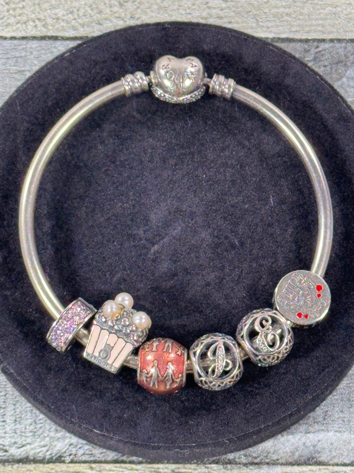 PANDORA 925 Sterling Silver bracelet 6 Charms 25 Grams Family Popcorn