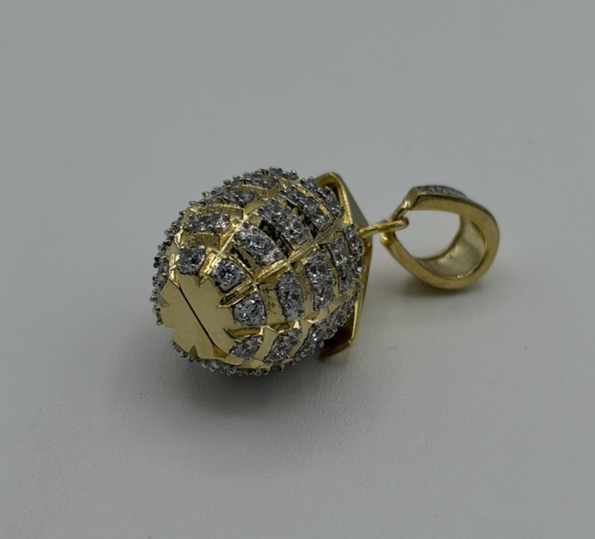 925 Sterling Silver Yellow Gold Tone CZ Hand Grenade Pendant Charm 1.5″ 11.44g