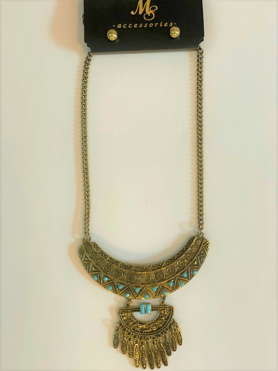 Southwestern Feather Pendant Necklace Gold Tone Dreamcatcher Turquoise Beads