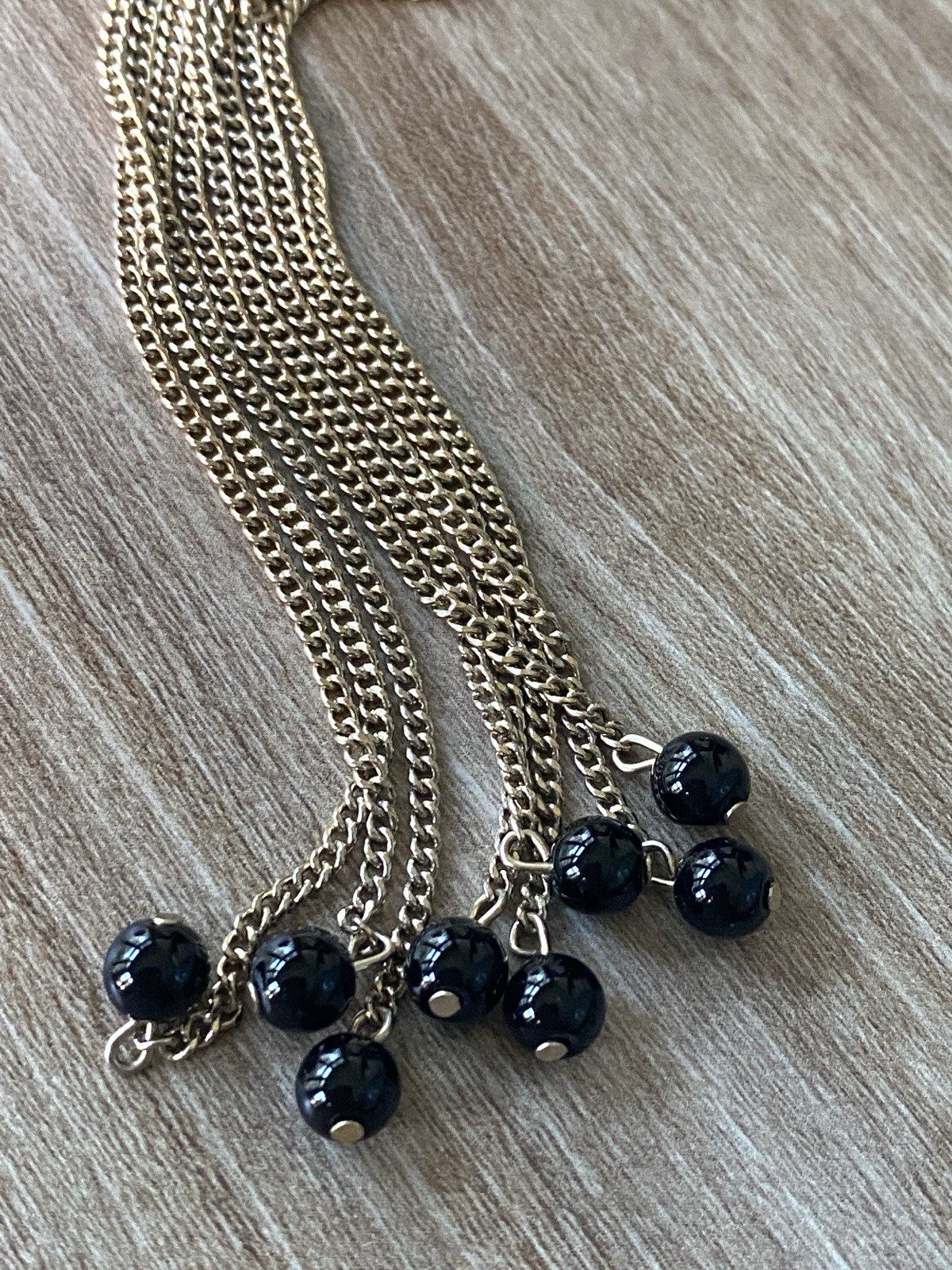 Vera Bradley Vintage Long Black and Blue Glass Bead Necklace/Gold Toned Tassel
