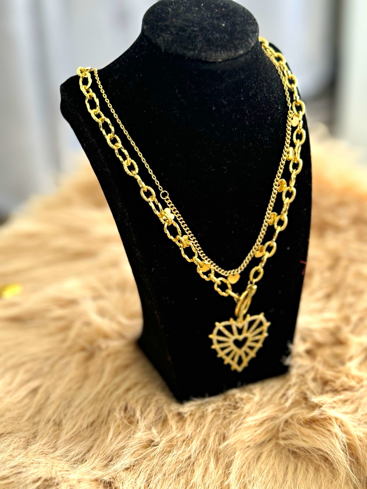 Gold Tone Layered Cable Chain Necklace, Heart Charm Pendant Leaf Charm