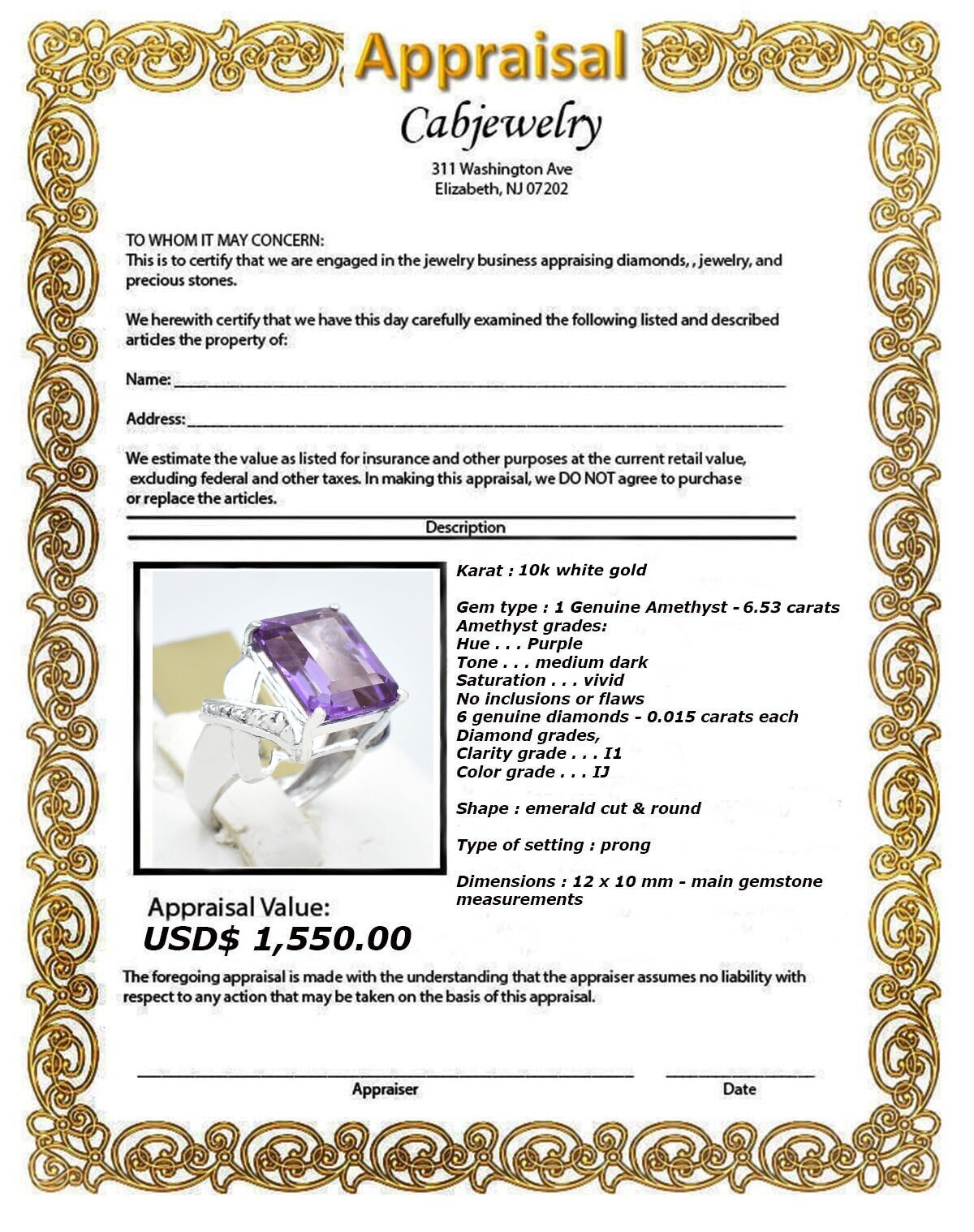 GENUINE 6.53 Cts AMETHYST & DIAMONDS RING 10K WHITE GOLD – Free Appraisal -NWT