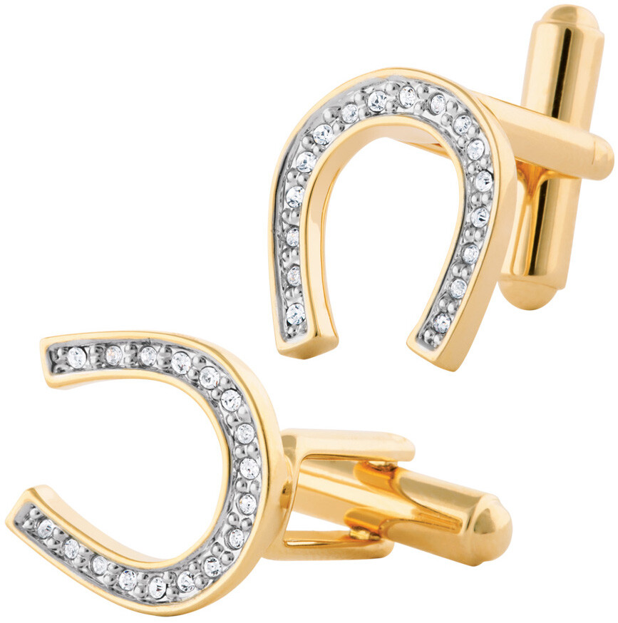 Lucky Horseshoe Cufflinks Gold Plated Metal Alloy Set With Czech Crystals