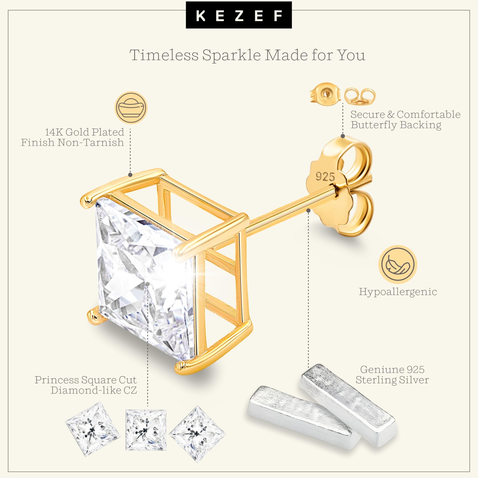 Sterling Silver Stud Earrings for Women & Men – 4-Prong Setting Cubic Zirconi…