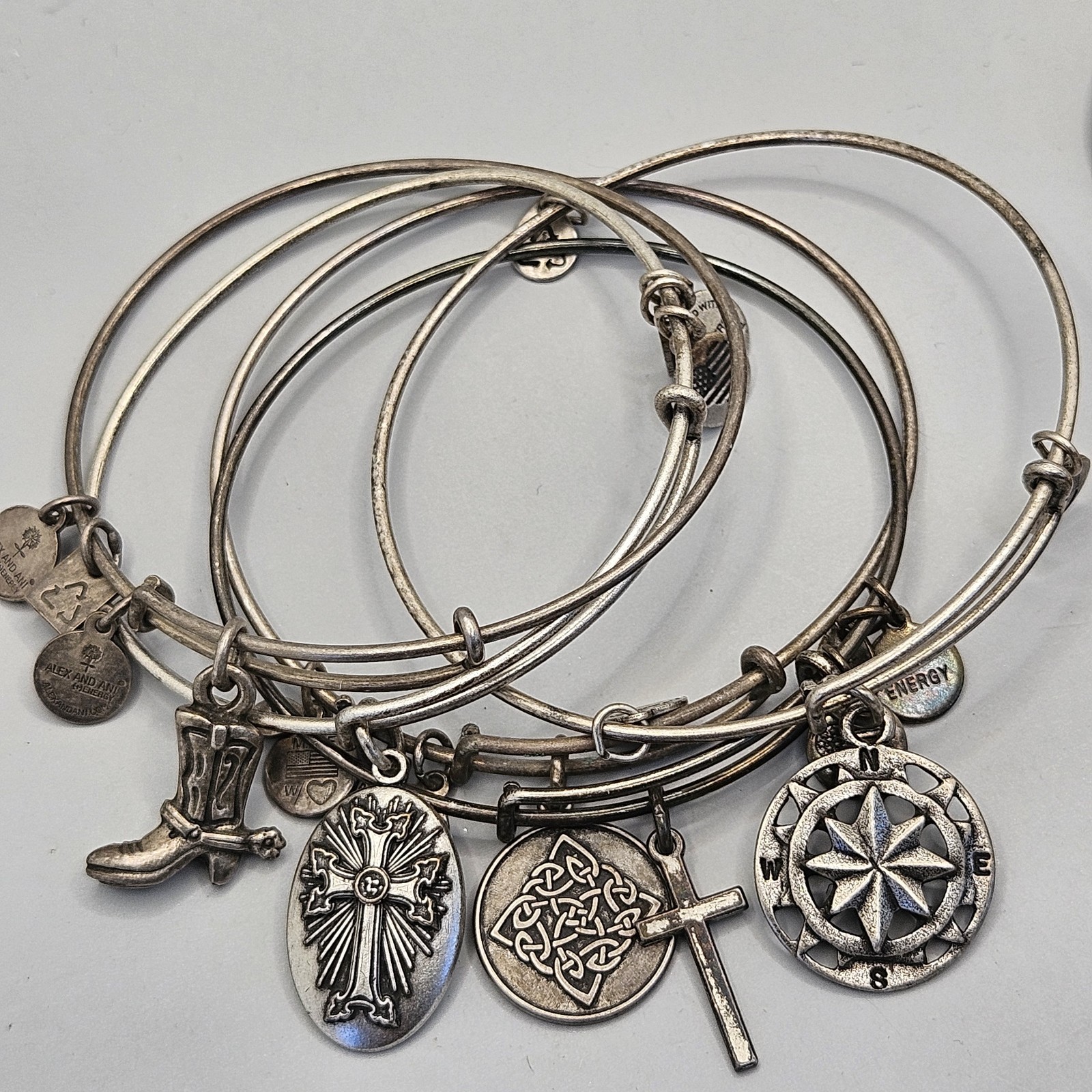 Alex and Ani Silver Tone Charm Bracelet Lot Celtic Knot Armenia Cross & Compass