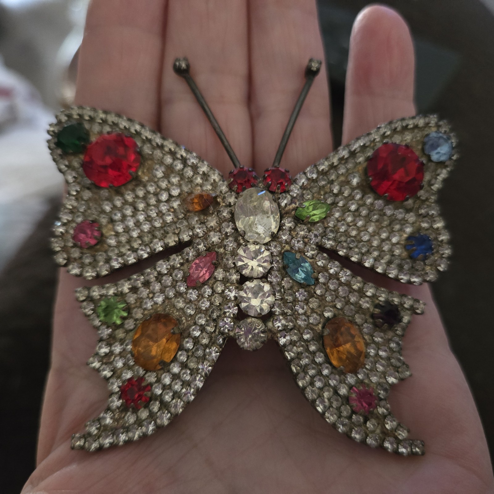 Beautiful Vintage CZECH Multi-color Rhinestone heavy Butterfly brooch