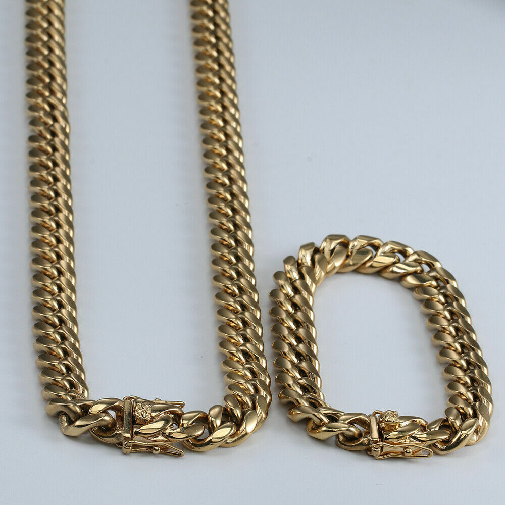 Men’s Miami Cuban Link Bracelet Chain Combo Set Gold Plated Stainless Steel