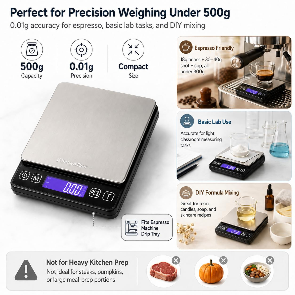 Kitchentour Mini Gram Scale for Coffee, Jewelry and Small Items, 500G X 0.01G Di