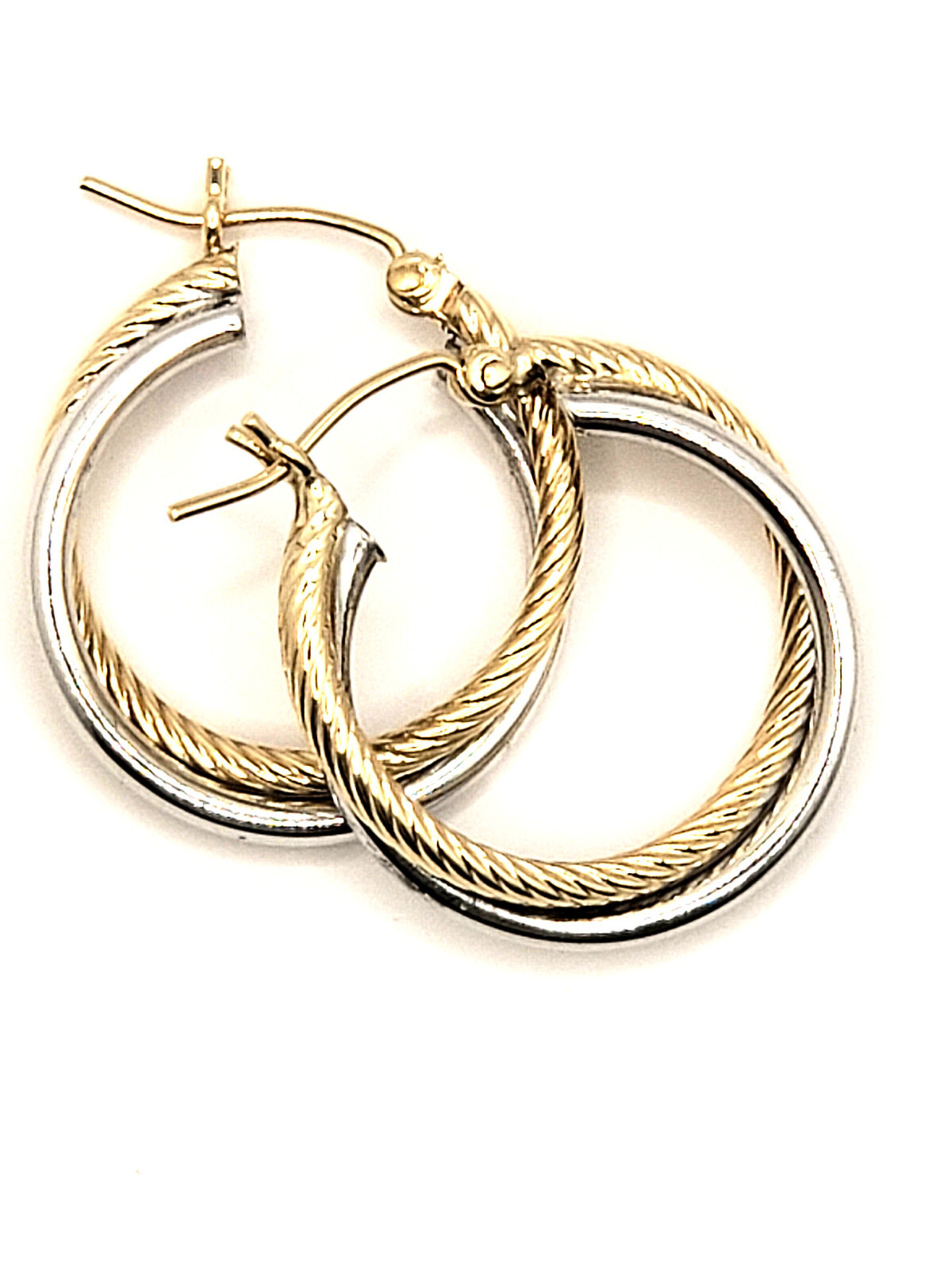 14K Yellow Gold & 925 Sterling Silver Twist Hoop Vintage Earrings – 1” Inch