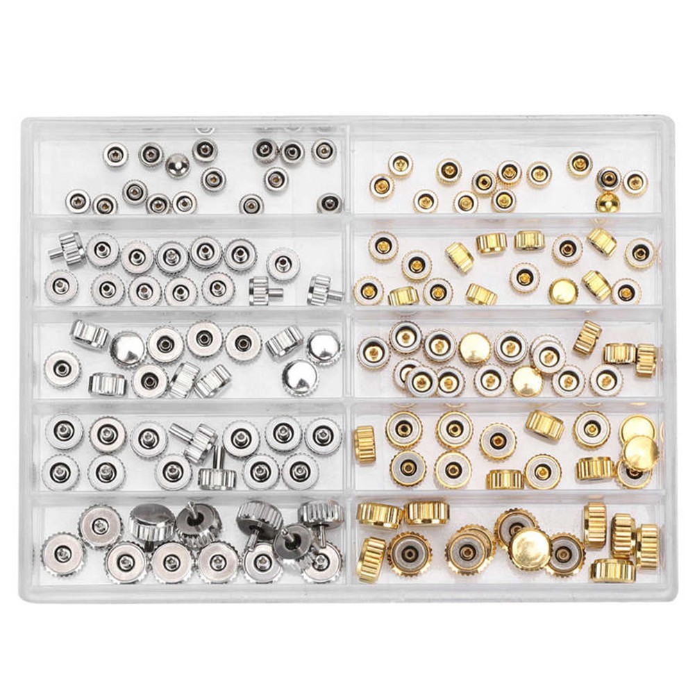 100Pack 3.0‑7.5mm Alloy Watch Crown Head Assortment Watchmaker Repair Box Kit