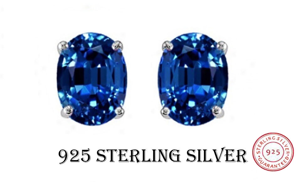 Stud Silver Earrings Oval Cz Sterling 925 Cubic Zirconia Sapphire Clear 6MM