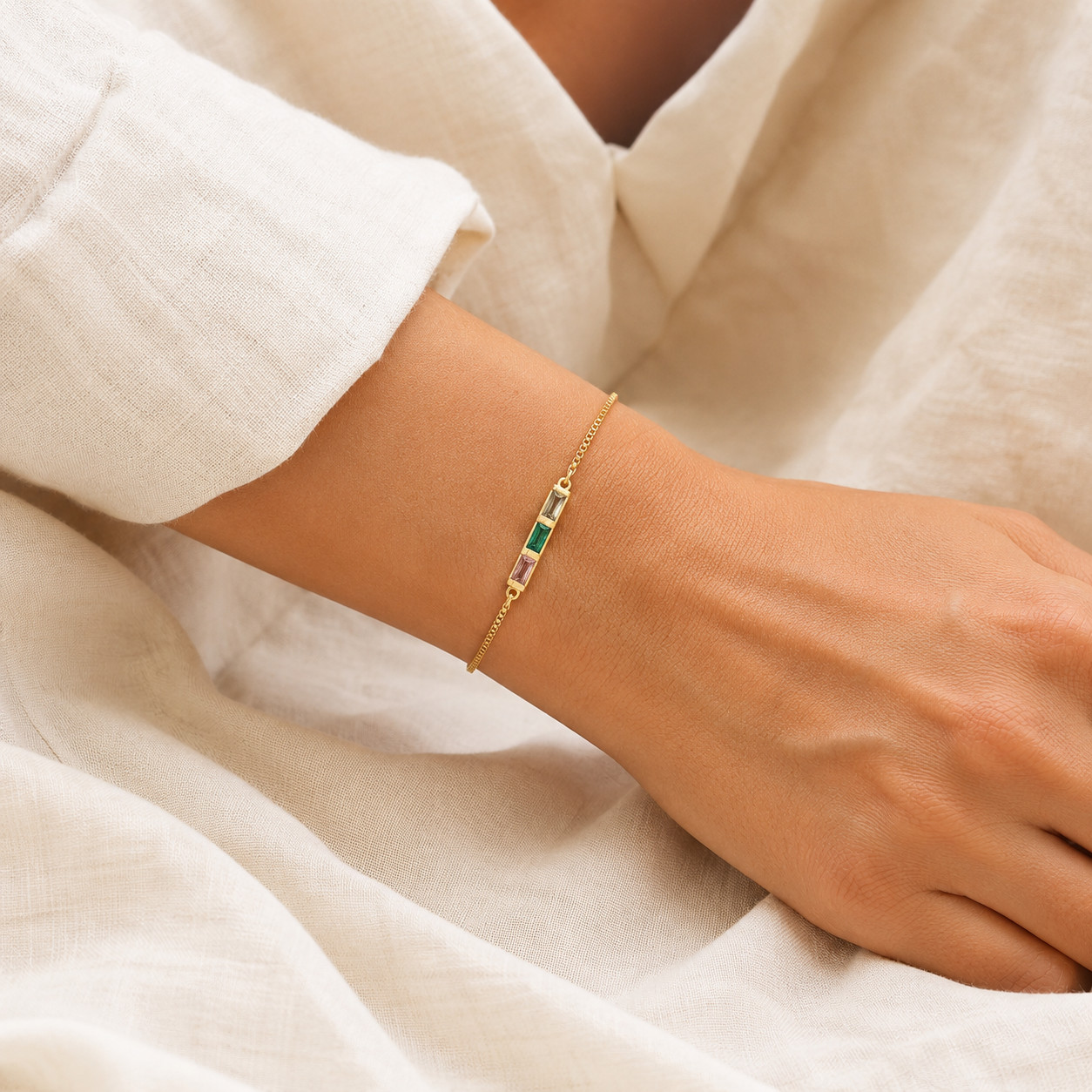 18K Gold Plated Multicolour Baguette Bracelet, Dainty Three Stone Bracelet