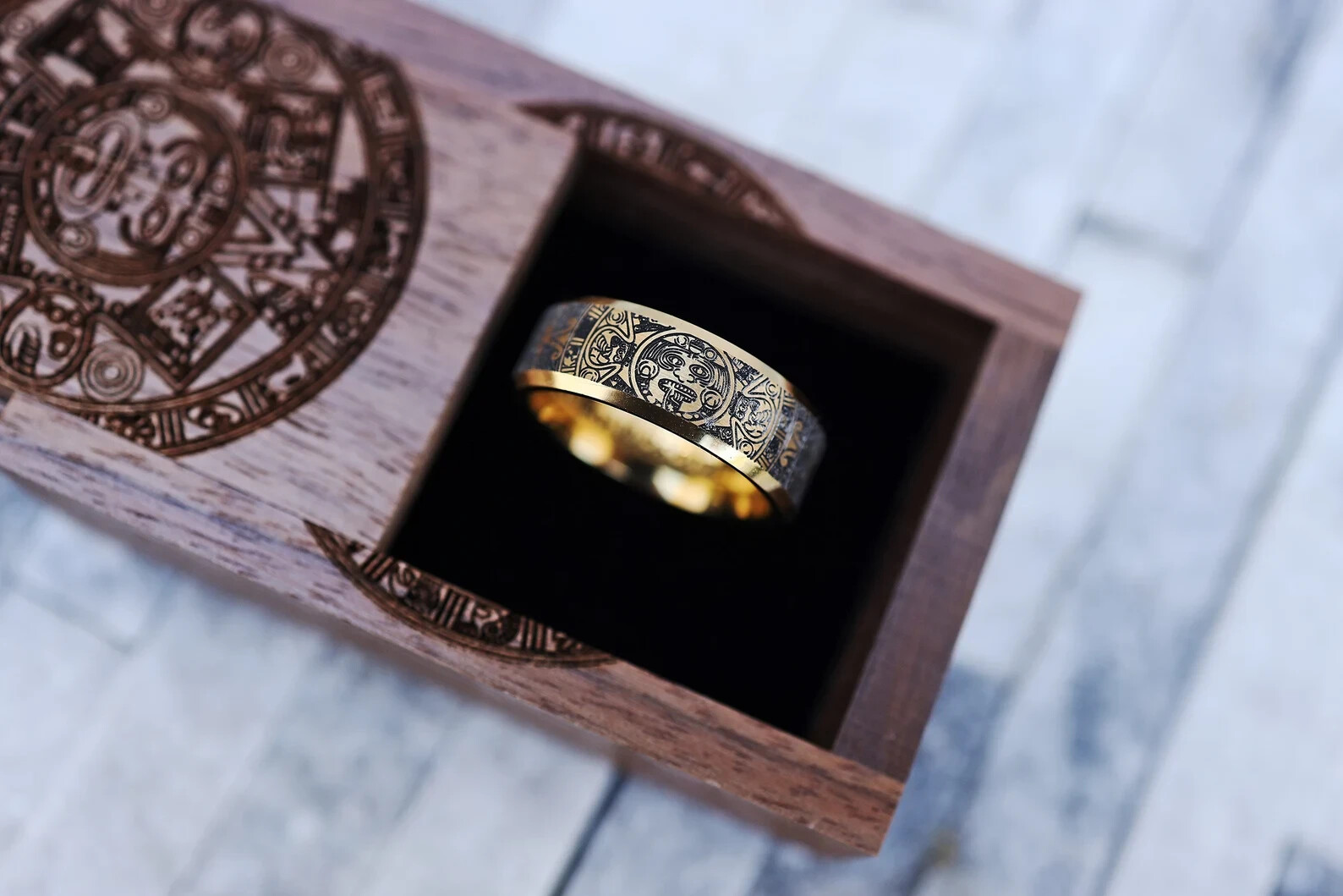 Engraved Walnut Wood Aztec Culture Calendar Rectangular Ring with Ring Box – 8mm