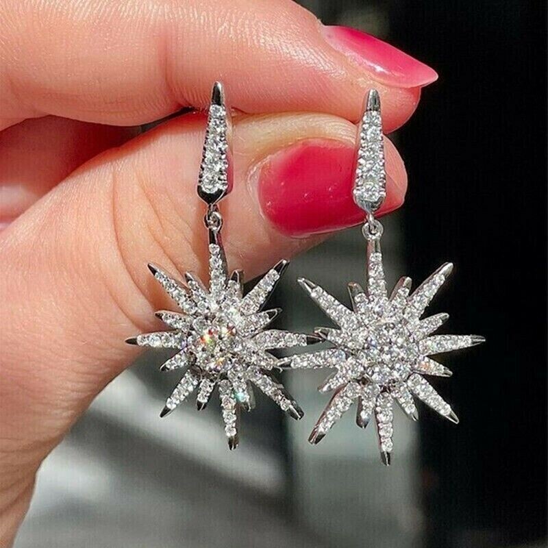 3.00Ct Round Simulated Diamond Drop/Dangle Flower Earrings 14K White Gold Plated