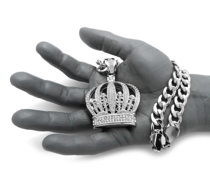 Hip Hop Silver Plated Alloy Cubic Zirconia King Crown Charm Cuban Chain Necklace