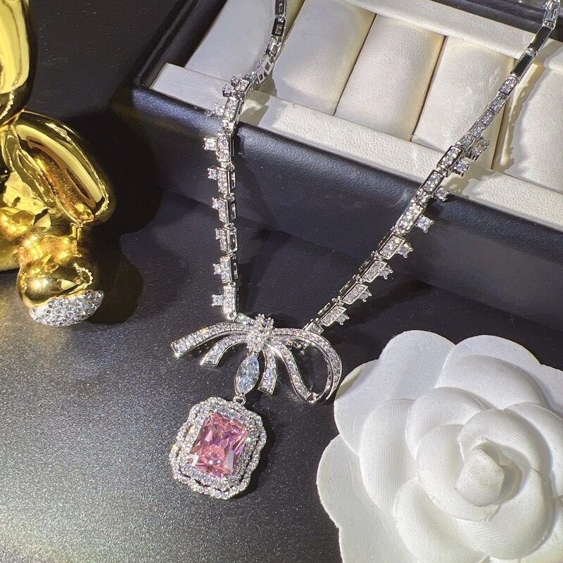 Silver vintage Tone Pink Diamond Jewelry Set Necklace Drop Earrings for Women