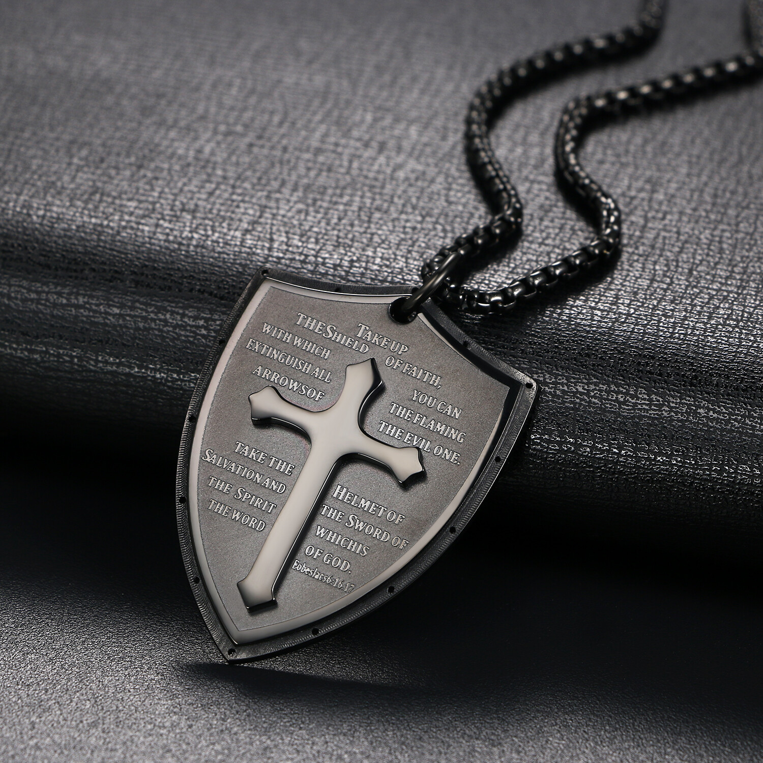 Men Stainless Steel Shield Armor of God Ephesians 6:16-17 Cross Pendant Necklace