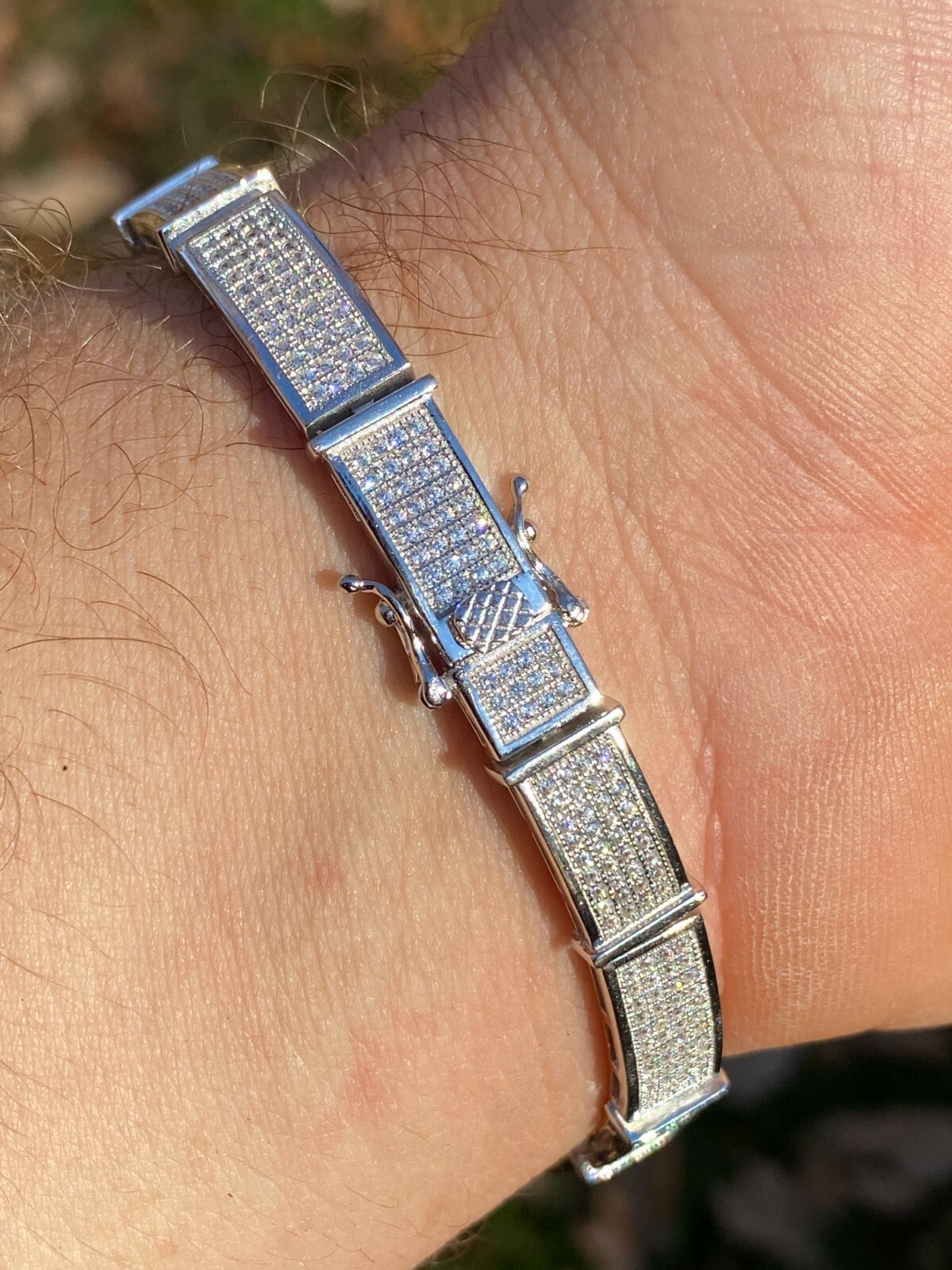 Real Solid 925 Sterling Silver Mens Iced Flooded Out Bracelet CZ Hip Hop Tennis