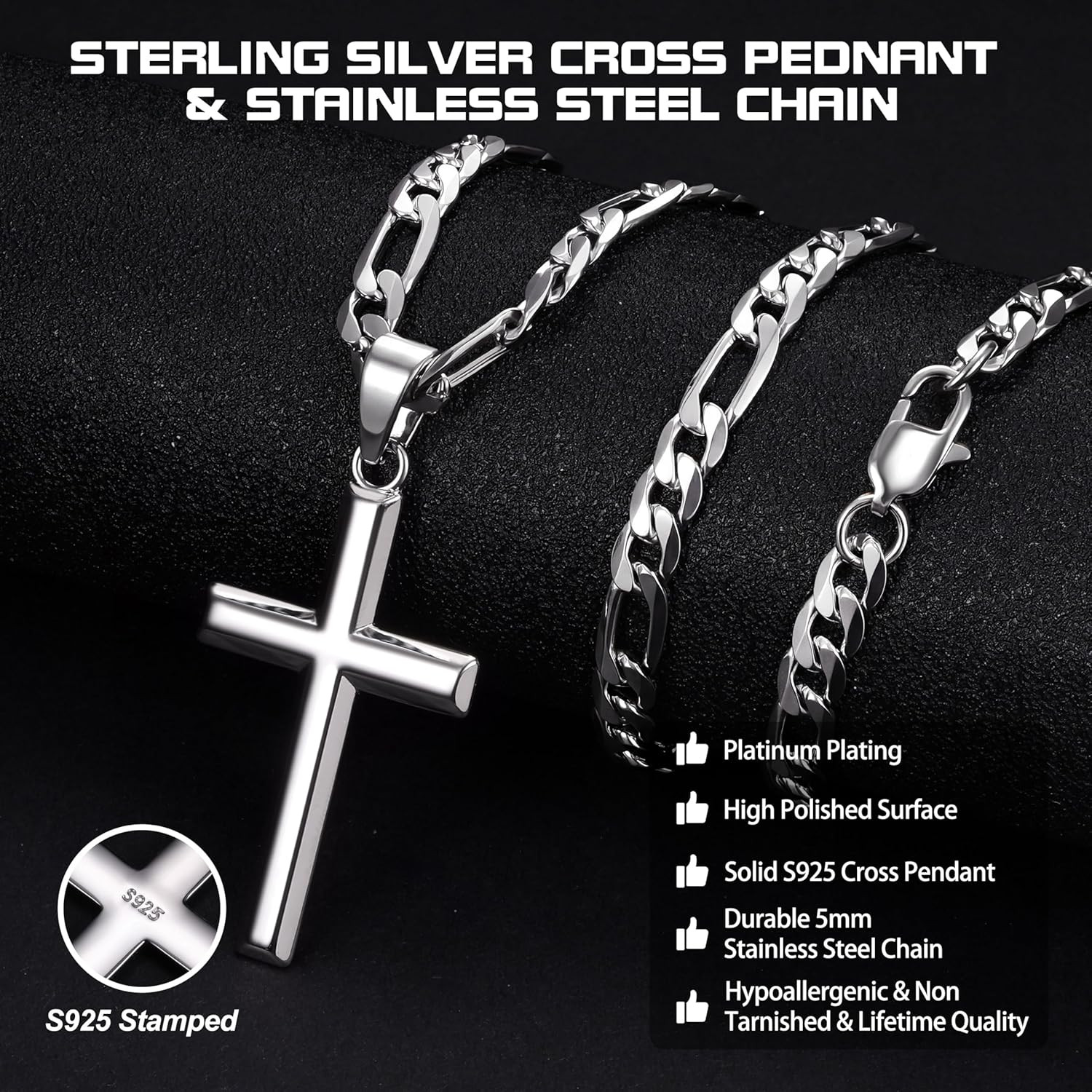 925 Sterling Silver Cross Necklace for Men Women – 5Mm Durable 316L Stainless St