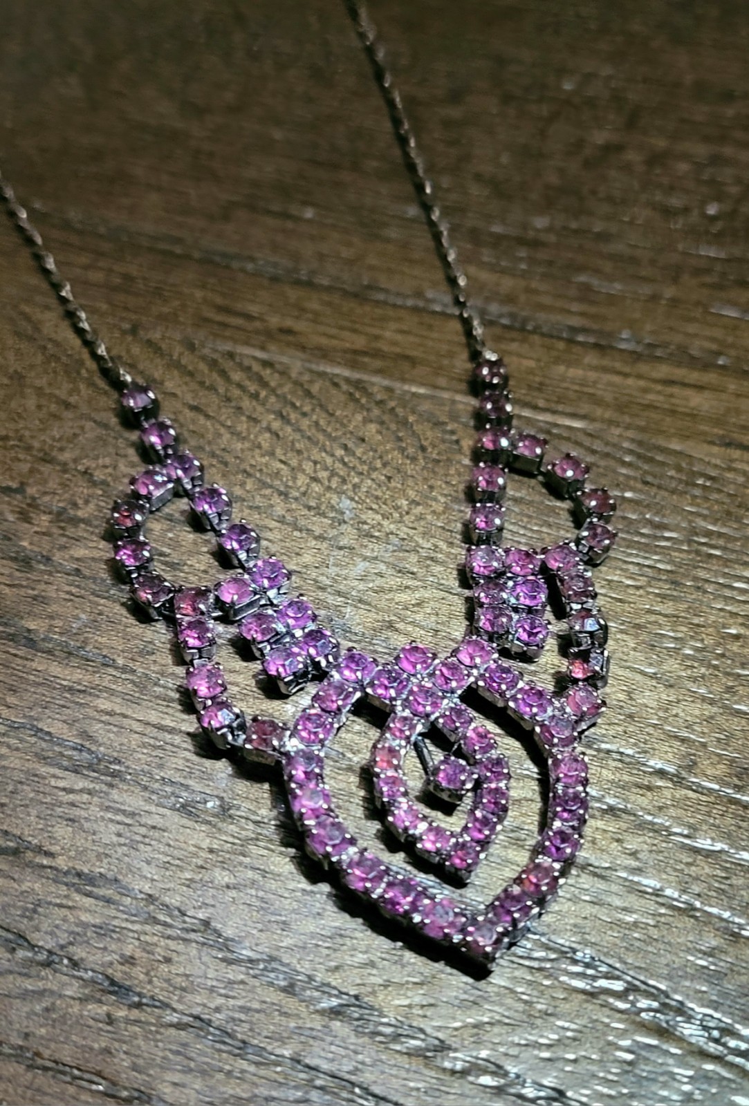 Vintage Daire’s Signed Black Tone with dark pink Rhinestone Statement Necklace