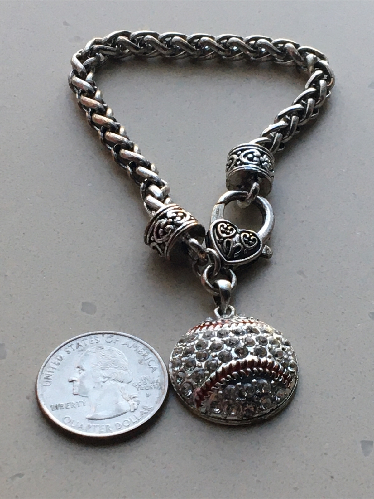 Vintage Small One Size None Stretch Baseball Novelty Silver Rhinestone Bracelet