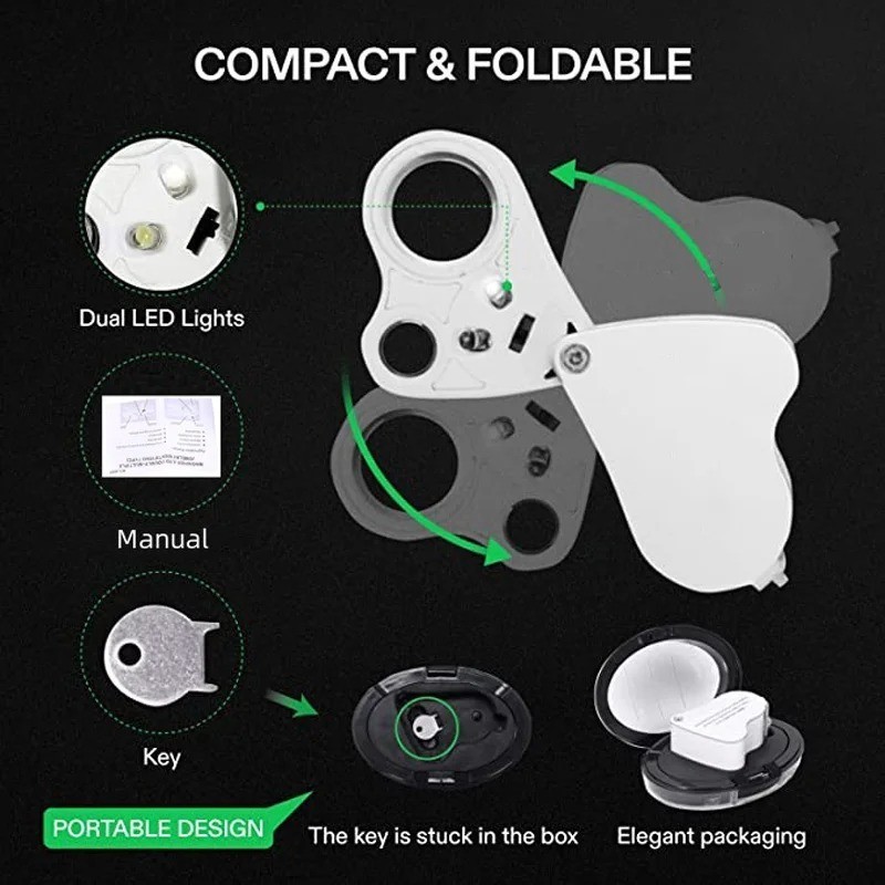 30X 60X LED Illuminated Jeweler’s Loupe – Foldable Magnifier for Coins & Gems