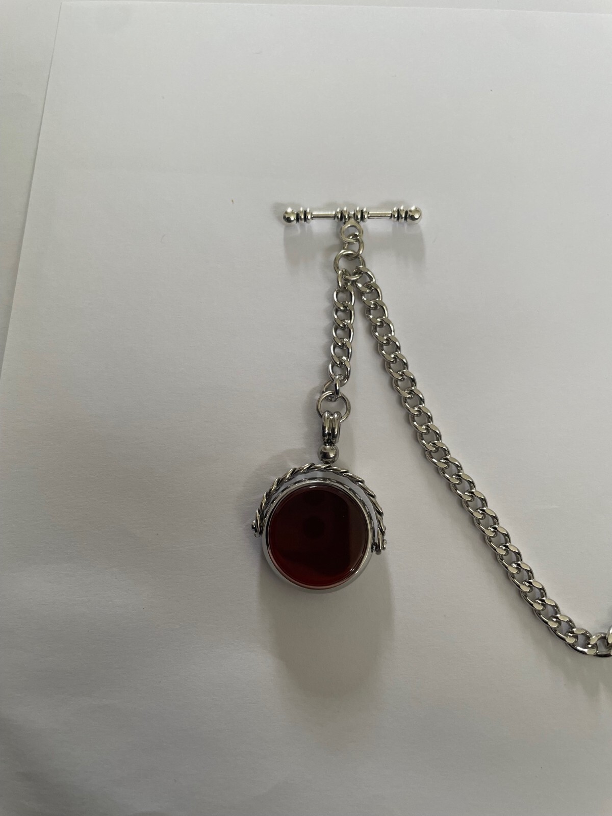 s vintage type single albert silver plated pocket watch chain spinning fob stone