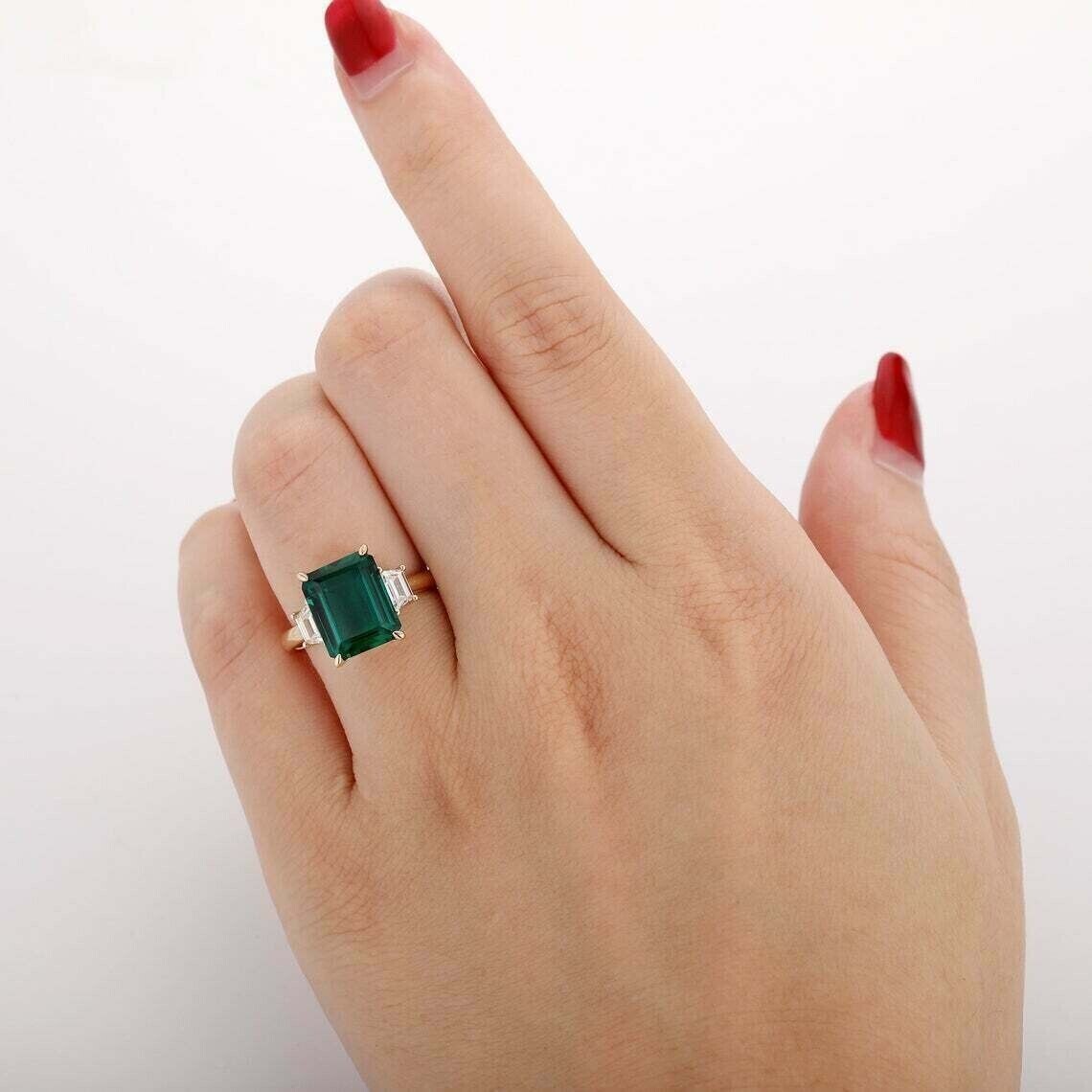 4Ct Emerald Cut Lab Created Green Emerald Engagement Ring 14K Yellow Gold Finish